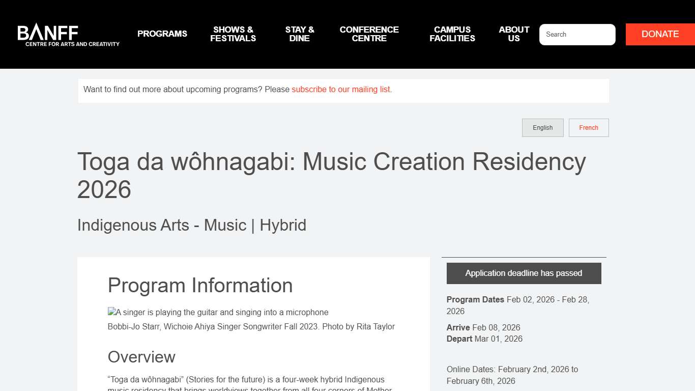 Toga da wôhnagabi: Music Creation Residency 2026 Banff Centre for Arts and Creativity